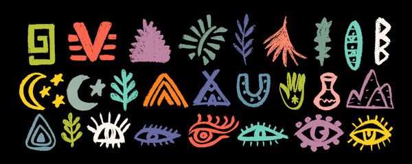 Set with  Ethnic Aztec, African abstract shapes  and symbols. Native American ancient silhouette collection. Vector African elements hand-drawn in doodle style

