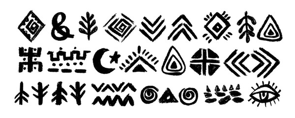Set with  Ethnic Aztec, African abstract shapes  and symbols. Native American ancient silhouette collection. Vector African elements hand-drawn in doodle style
