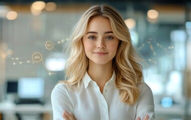 Blonde Caucasian female data analyst in IT, with dynamic data flow graphics, showcasing a professional business look, clear space for text