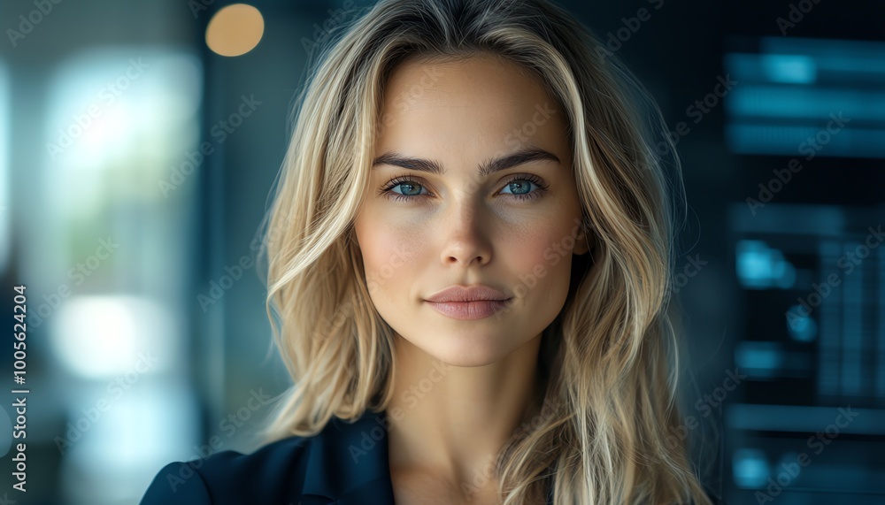 Poster blonde caucasian female it data analyst with data flow graphics, in a professional business context,