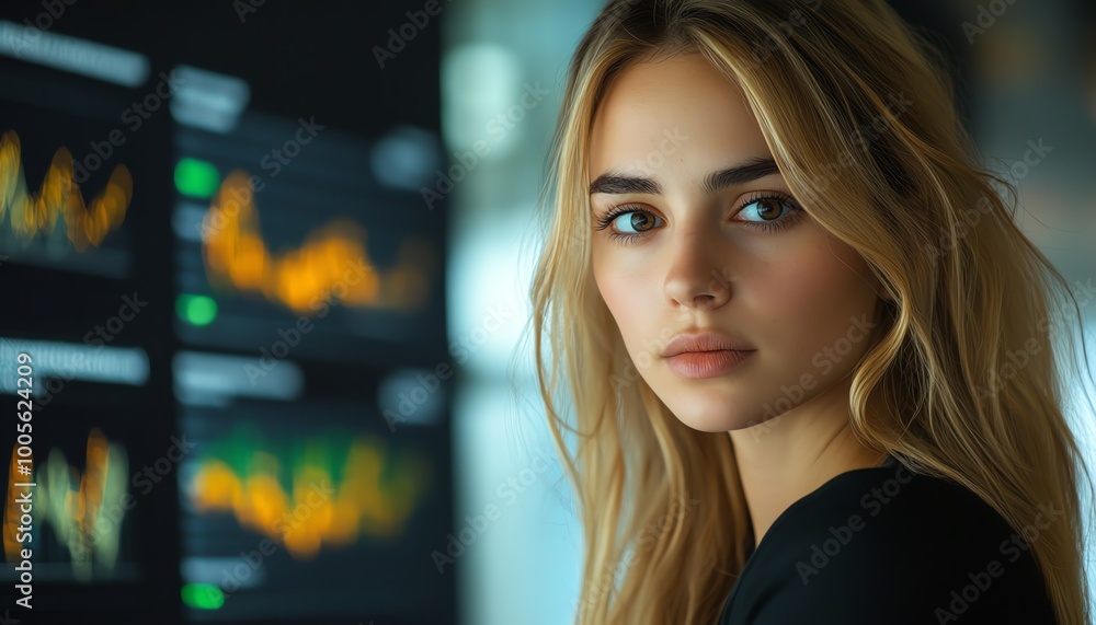 Aufkleber blonde caucasian female it data analyst with data flow graphics, in a professional business context,