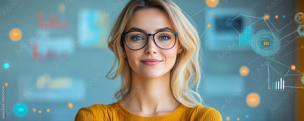 Poster blonde caucasian woman data analyst in it with data flow elements around her, showcasing a professio