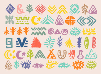 Set with african, aztec pattern colorful elements, symbols, icons, hand-drawn in doodle style. Set of abstract african tribal geometric shapes, ancient ethnic traditional symbols and ornate signs.
