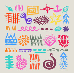 Set with african, aztec pattern colorful elements, symbols, icons, hand-drawn in doodle style. Set of abstract african tribal geometric shapes, ancient ethnic traditional symbols and ornate signs.