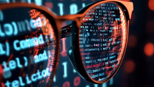 Glasses reflecting computer code with a blurry background of more code