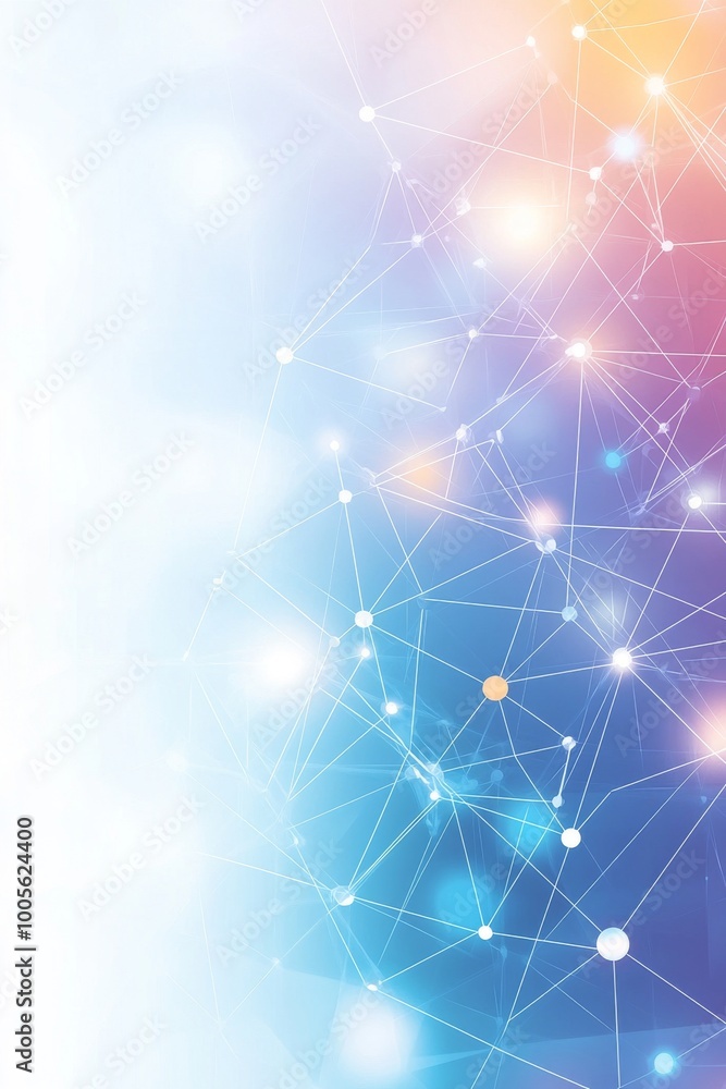 Poster colorful network connections create an abstract representation of technological concepts, featuring 
