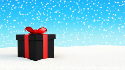 Black Christmas gift box with red ribbon, resting in snow, 3D illustration 
