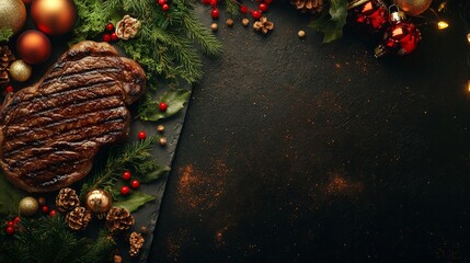 Christmas supper for two: a stone table with grilled beef steak, ribeye, vegetables, and seasonings; toys for the New Year's with copy space