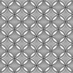 Seamless Black Flower and circle pattern on white background.