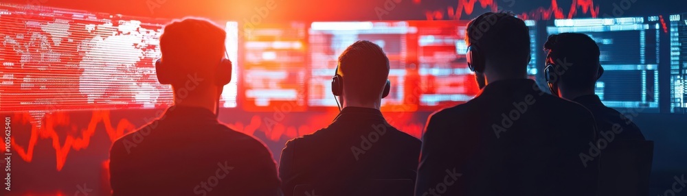 Poster a group of individuals silhouetted against a backdrop of data visualizations and digital graphs, sug