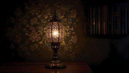 a scene featuring a glowing lamp in a dark, dimly lit room