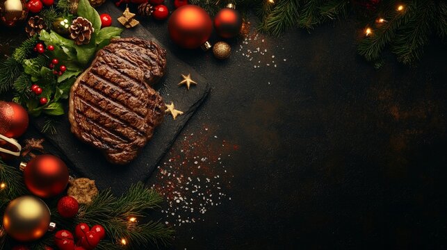 Christmas supper for two: a stone table with grilled beef steak, ribeye, vegetables, and seasonings; toys for the New Year's with copy space