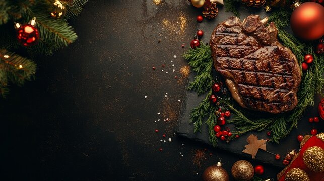Christmas supper for two: a stone table with grilled beef steak, ribeye, vegetables, and seasonings; toys for the New Year's with copy space