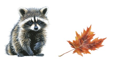 Fototapeta premium A cute cartoon raccoon playfully holding an autumn leaf, embodying the essence of the fall season. The raccoon, with its charming expression and bushy tail, captures the whimsical nature 