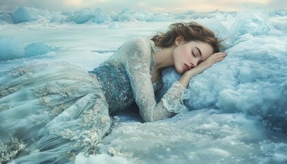 Elegant young woman sleeping amidst frozen water, capturing beauty and mystery, with an ethereal and tranquil frozen landscape