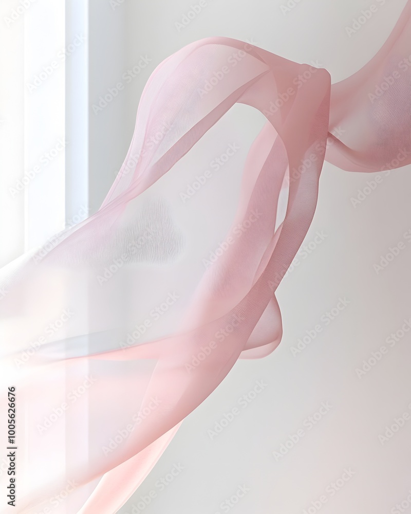 Poster delicate pink ribbon artfully draped across a pristine white background creating a minimalist design