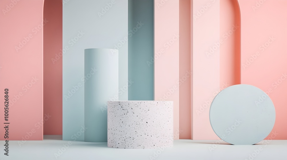 Poster minimalist pastel colored background with simple geometric shapes and textural elements optimized fo