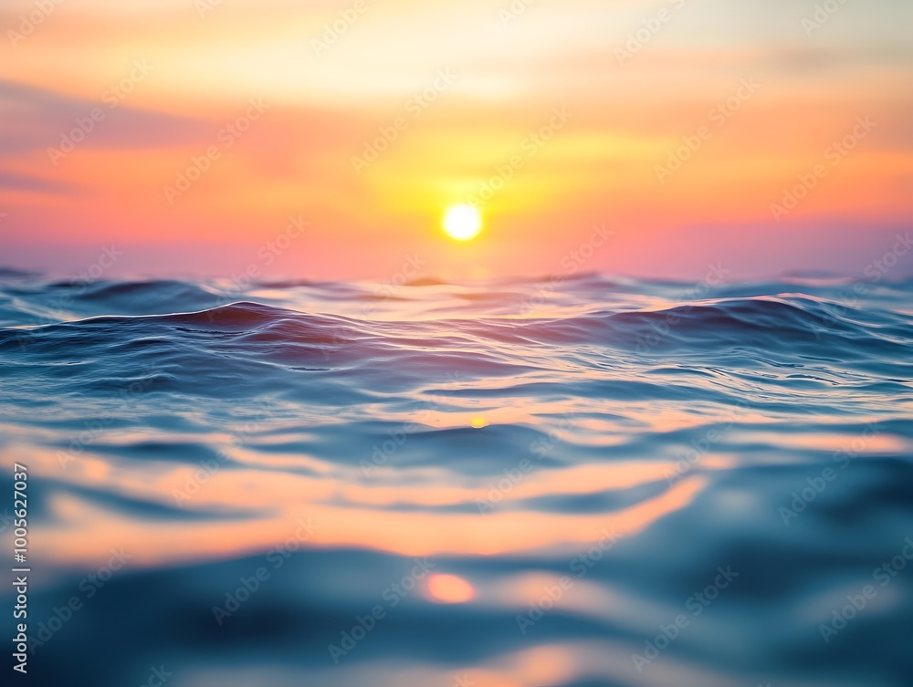 Poster mesmerizing sunset casting a warm glow across the gently undulating ocean with soft ripples reflecti