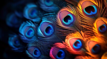 Obraz premium Close-up of male peacock feathers during courtship dance, displaying vibrant iridescent colors.