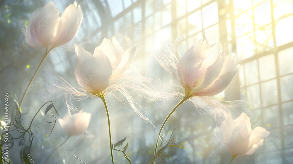 Poster whimsical and enchanting floral display with wispy petals dancing across the frame showcasing a soft