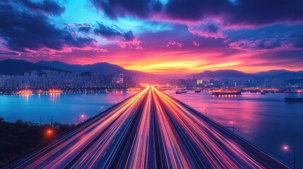 Fototapeta premium A long, straight highway with a city skyline in the background.