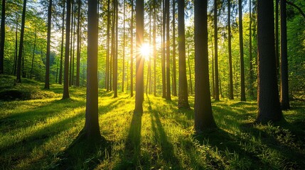 Deep within a dense forest, a hidden clearing is illuminated by the golden light of early evening. The tall trees surrounding the clearing cast long shadows, creating a natural canopy overhead. 