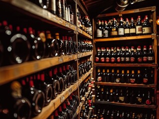 Transform Your Space with a Rustic Craft Brewery Poster: Showcasing Rows of Beer Bottles and Kegs on Wooden Racks – Perfect for Sports Interiors and Beer Enthusiasts!
