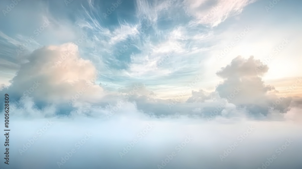 Poster ethereal cloudy landscape with wispy delicate airborne wisps and a soft diffused light creating a dr