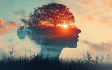 Outline of a human head with a serene landscape inside, symbolizing inner peace and mental tranquility, ample copy space for text