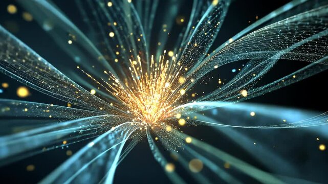 A burst of golden light illuminates blue lines in a dark background