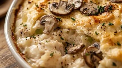 Close-up 4K photo of homemade chicken mushroom leek pie leftover from Christmas | festive culinary delight