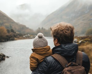 Portrait of a father with his child, looking at a stunning landscape, white backdrop highlighting the intimate and loving nature of fatherhood