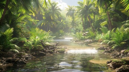 Lush Tropical Rainforest River Scene
