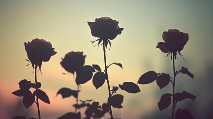 Naklejka premium Shadowy rose silhouettes against a hazy pastel sky creating a whimsical and poetic scene Vintage film and soft focus lend a pre Raphaelite inspired atmospheric and dreamlike to this contemporary