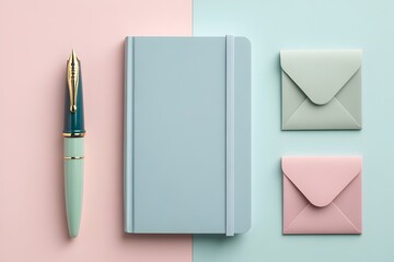 Pastel toned stationery essentials including a notebook fountain pen and envelope arranged in a visually striking