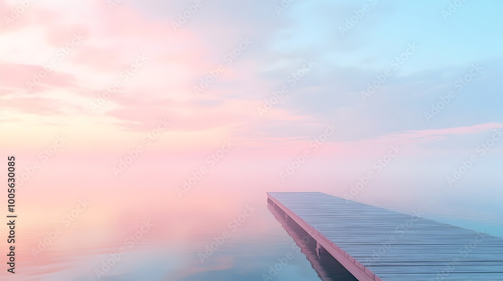Poster serene pastel hued lakeside setting with a wooden dock and a calming reflection of the soft dreamlik
