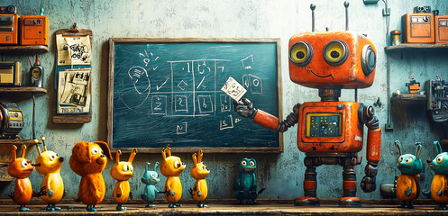 Fototapeta premium Smiling robot teacher explaining lesson to group of students