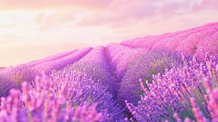Obraz premium Lavender Field at Sunset: A breathtaking panorama of a lavender field bathed in the warm glow of a sunset. Rows of purple flowers stretch out to the horizon, creating a serene and idyllic scene.