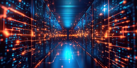 a long hallway with many rows of servers