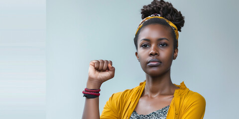 Portrait of a young African woman raising her fist in a gesture of solidarity and empowerment, wearing a yellow outfit
