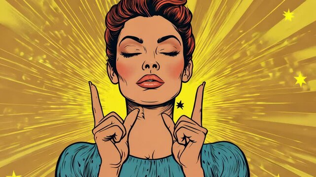 A woman with red hair points her fingers up in a classic comic book style illustration