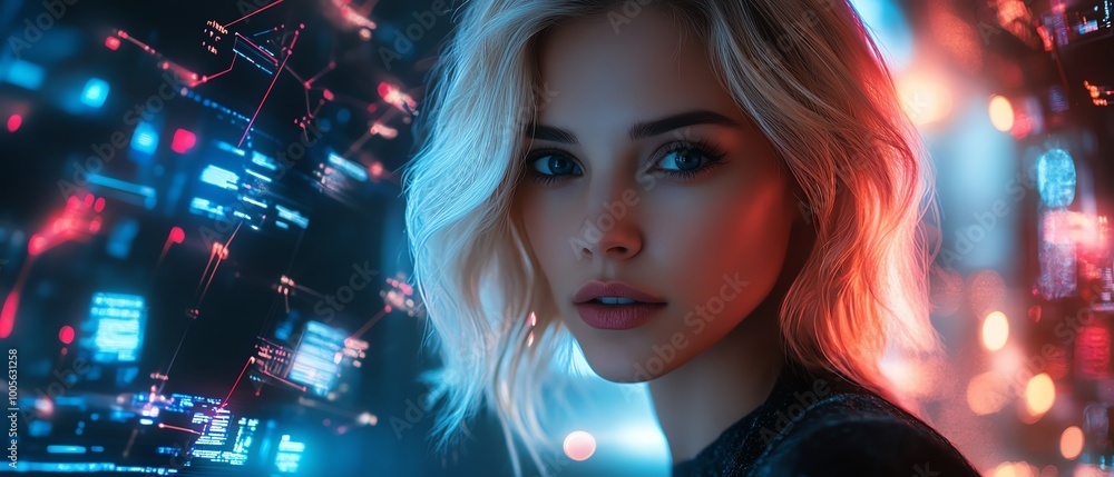 Poster professional portrait of a blonde caucasian woman in information technology, surrounded by data flow