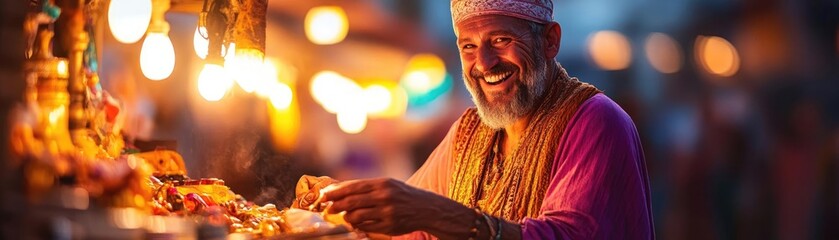 Fototapeta premium A smiling merchant in a dimly lit marketplace, luring customers with dishonest deals, an ominous aura surrounding his stall, danger hidden in plain sight