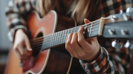 Fototapeta premium Close-Up of Girl's Hands on the Guitar Strings, playing the chords on the guitar strings