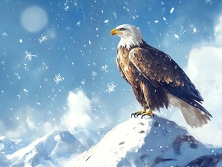 Majestic Eagle on Snowy Peak: A Stunning Poster for Sports Interiors Capturing Intense Gaze, Swirling Snowflakes, and Bright Blue Sky for Adventurous Spirits