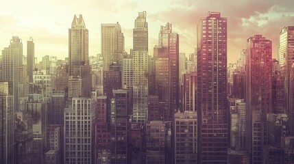 An Artistic Depiction of a Dense Urban Skyline at Sunset