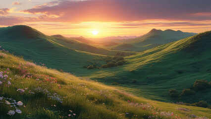 Fototapeta premium Golden Hour Over Rolling Hills