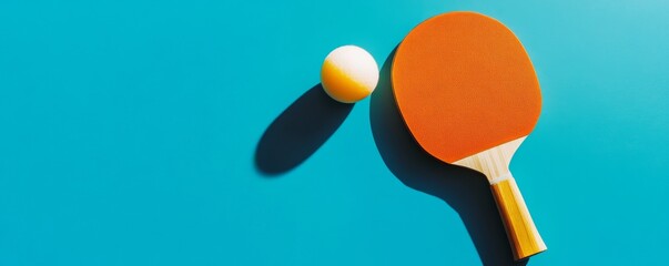Table tennis paddle and ball on a turquoise background. Sport and leisure concept