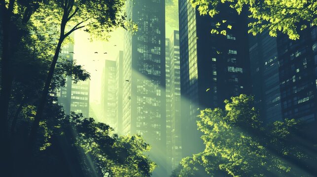 Fototapeta Sunlight filtering through leaves onto a city skyline