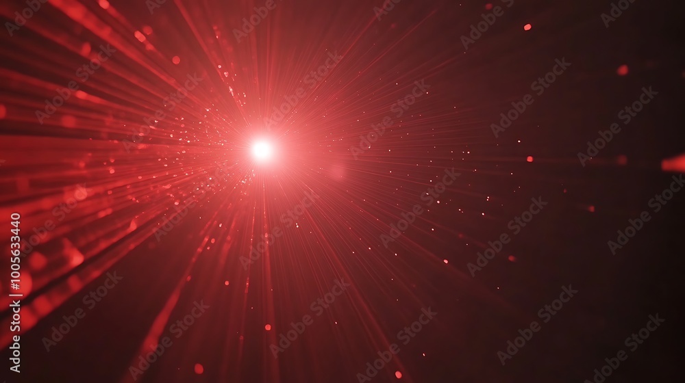 Poster abstract red light rays and glowing particles on a black background.